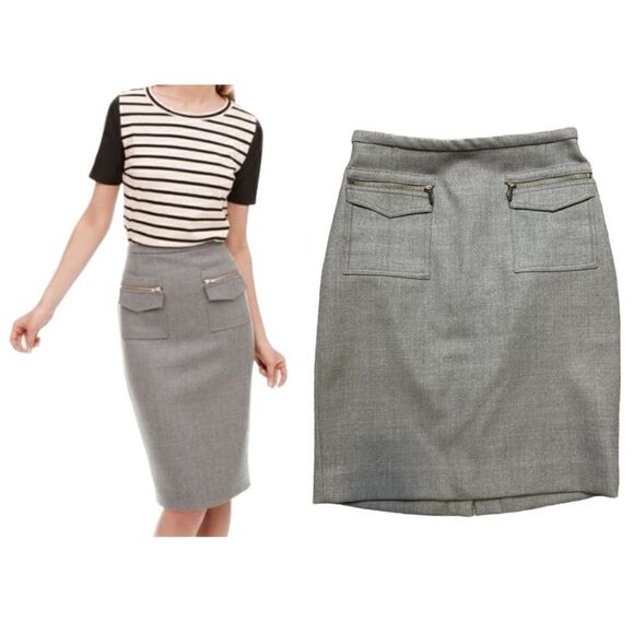 J. Crew Earthy Gray  100% Wool Front Zip Pocket Detail Pencil Skirt Size 12P - Picture 1 of 9